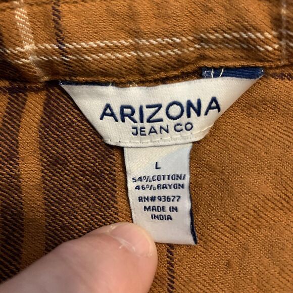Arizona Jean Co Shirt Mens Large Brown Mustard Plaid Flannel Button Up Casual - Picture 2 of 6